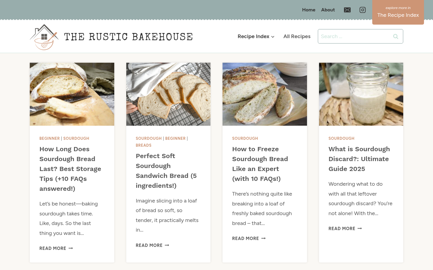 All Recipes listing first screen: 4-column recipe card grid with photos, tags, titles, excerpts and pagination.
