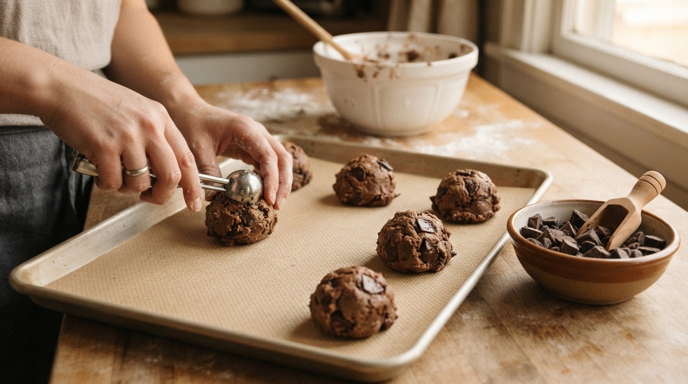 Editorial illustration for bakery style chocolate chip cookies.