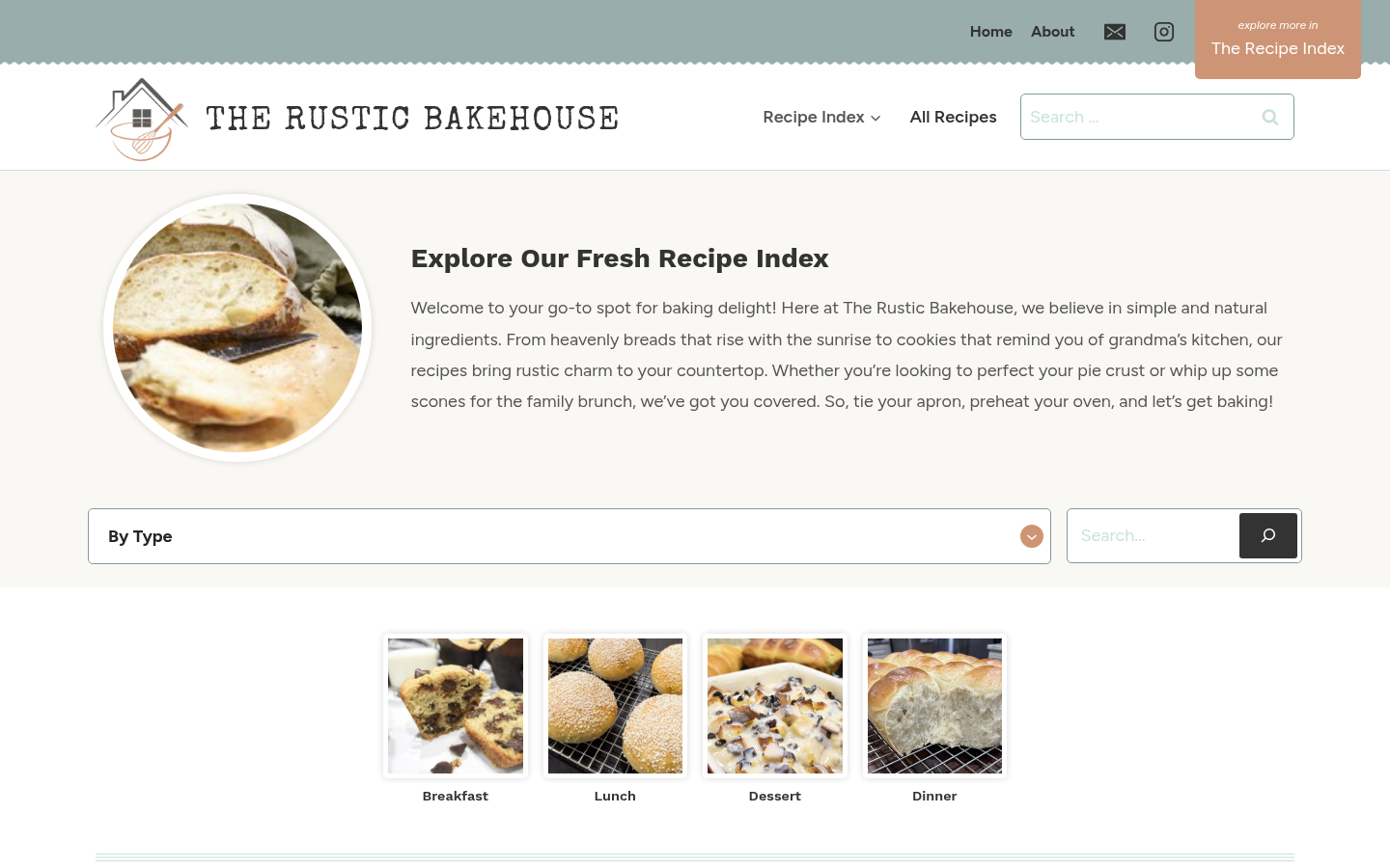 Recipe catalog landing first screen: 'Explore Our Fresh Recipe Index' hero with rustic bread image, By Type filter, and Breakfast/Lunch/Dessert/Dinner category tiles.