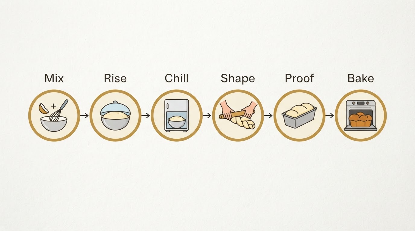 Workflow diagram for brioche bread recipe.