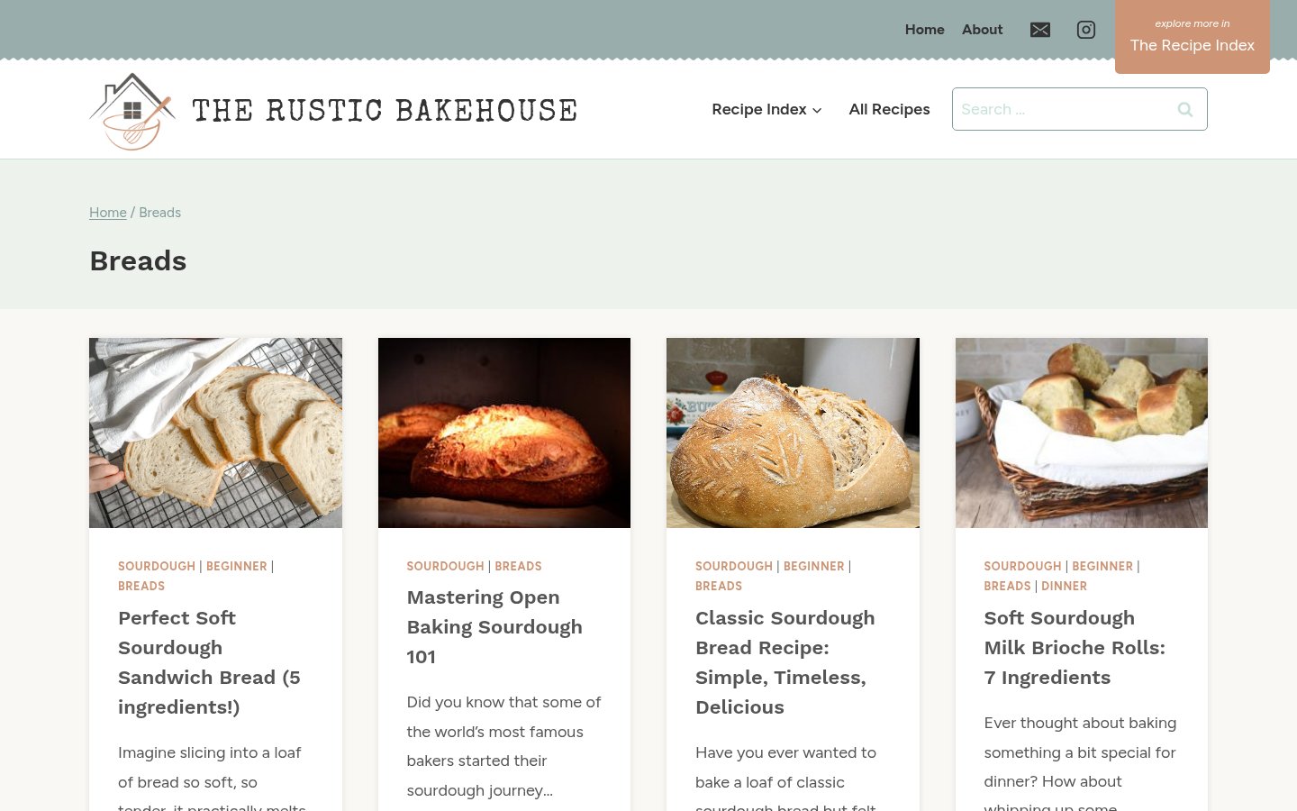 Breads category archive first screen: breadcrumb, H1 'Breads', and 4-column bread-recipe card grid.