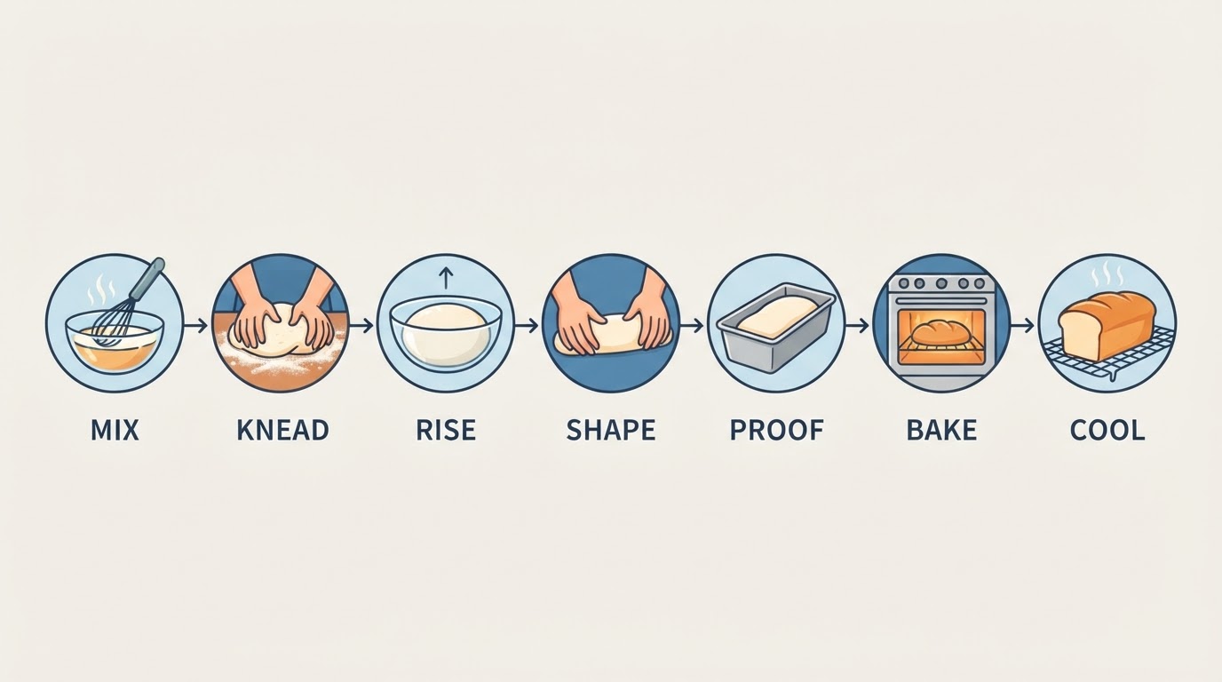 Workflow diagram for easy sandwich bread recipe.