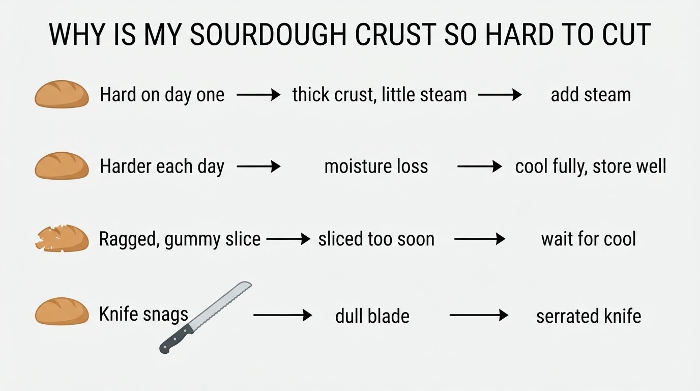 Workflow diagram for why is my sourdough crust so hard to cut.