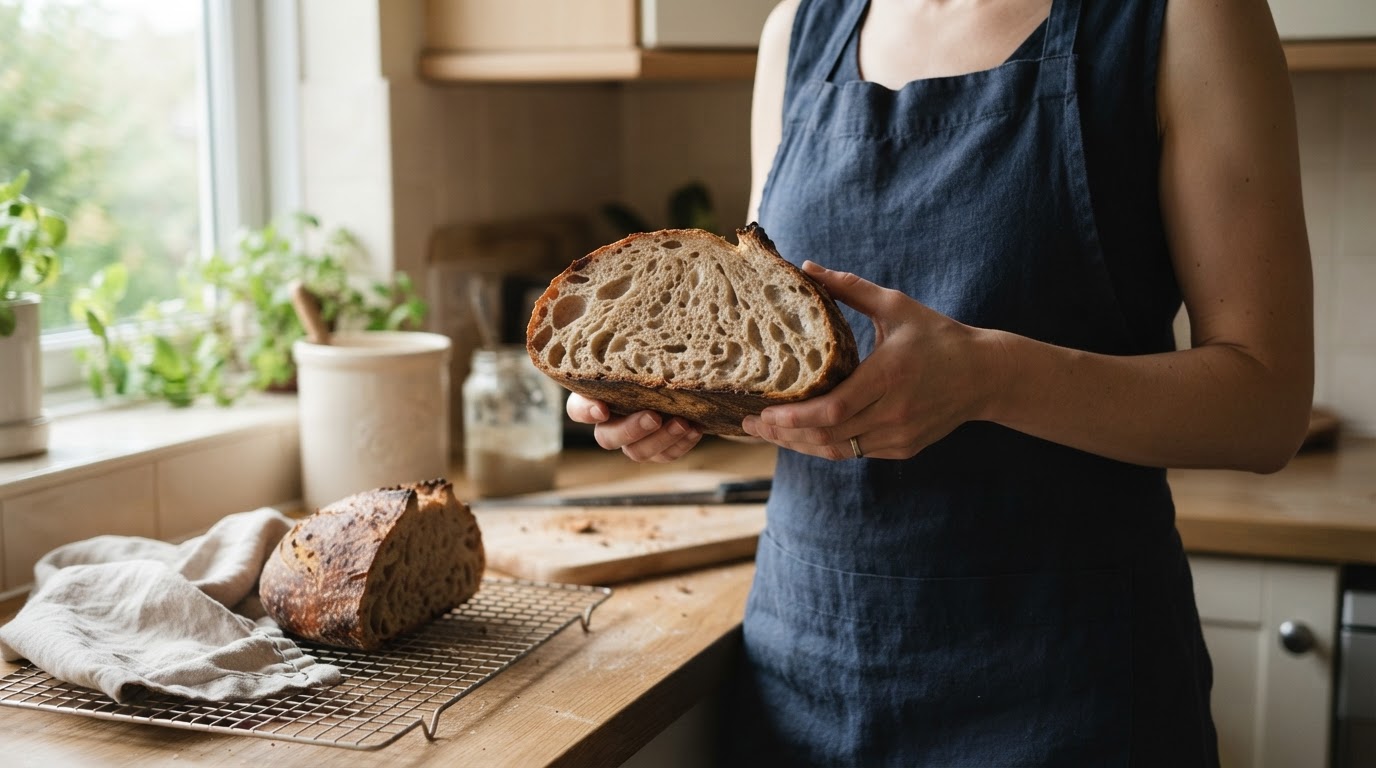 Editorial illustration for what should sourdough crumb look like.