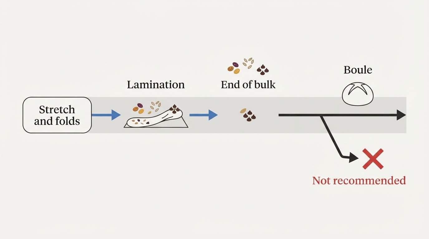 Workflow diagram for adding inclusions to sourdough after bulk fermentation.