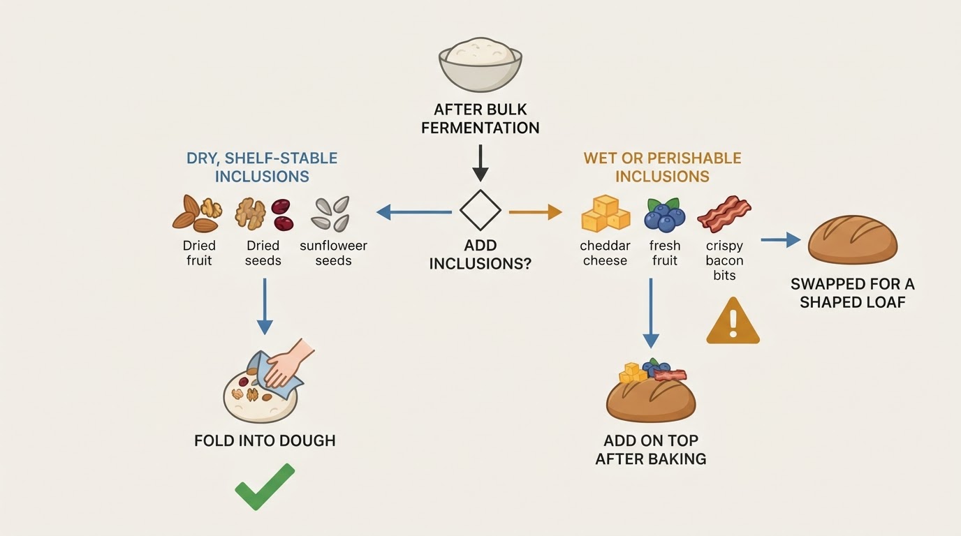 Workflow diagram for adding inclusions to sourdough after bulk fermentation.