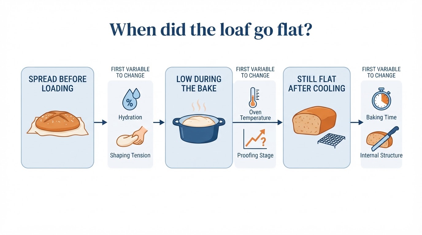 Workflow diagram for sourdough bread flat after baking.