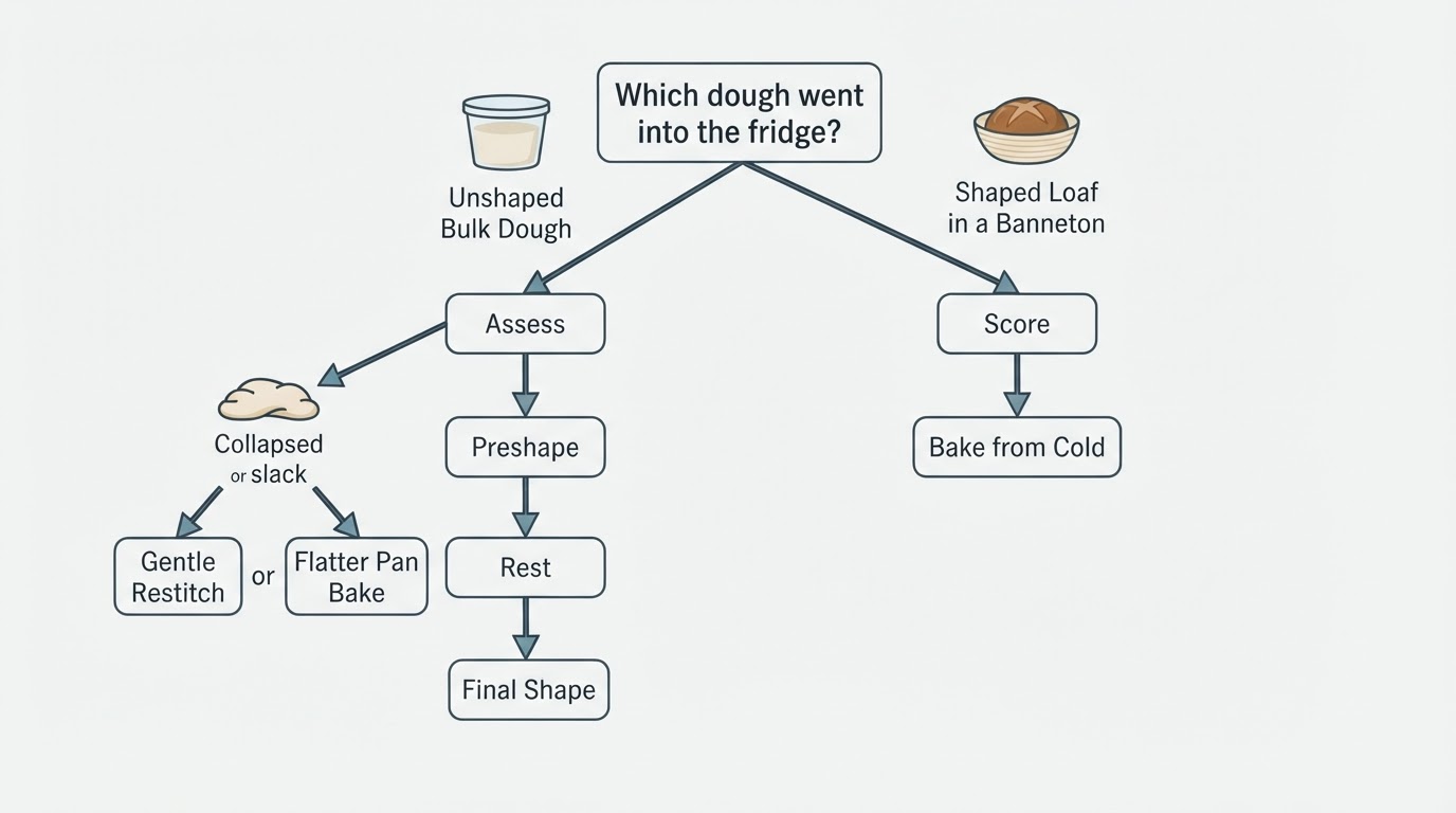 Workflow diagram for shaping sourdough after fridge overnight.