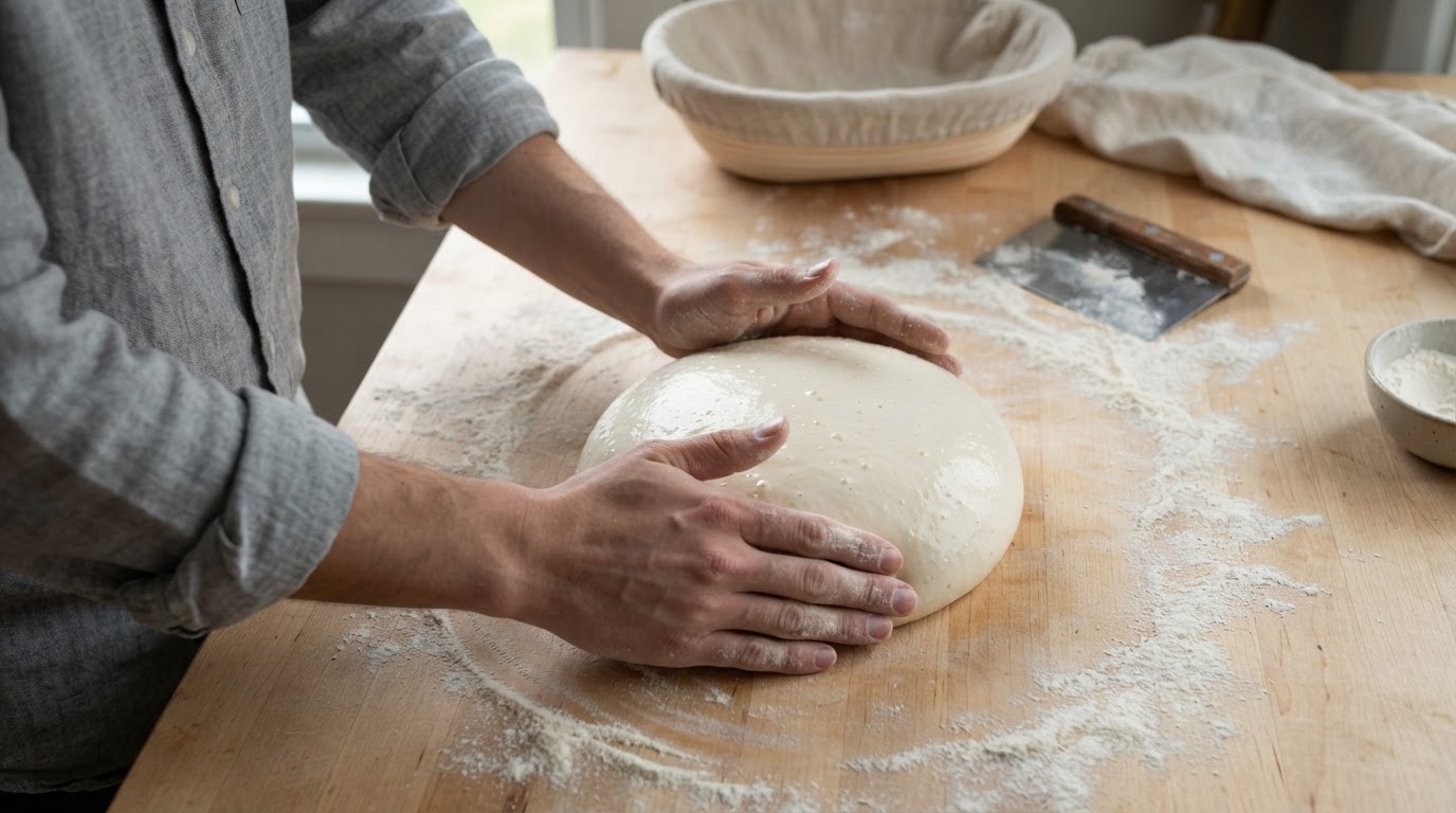 Editorial illustration for shaping sourdough after fridge overnight.