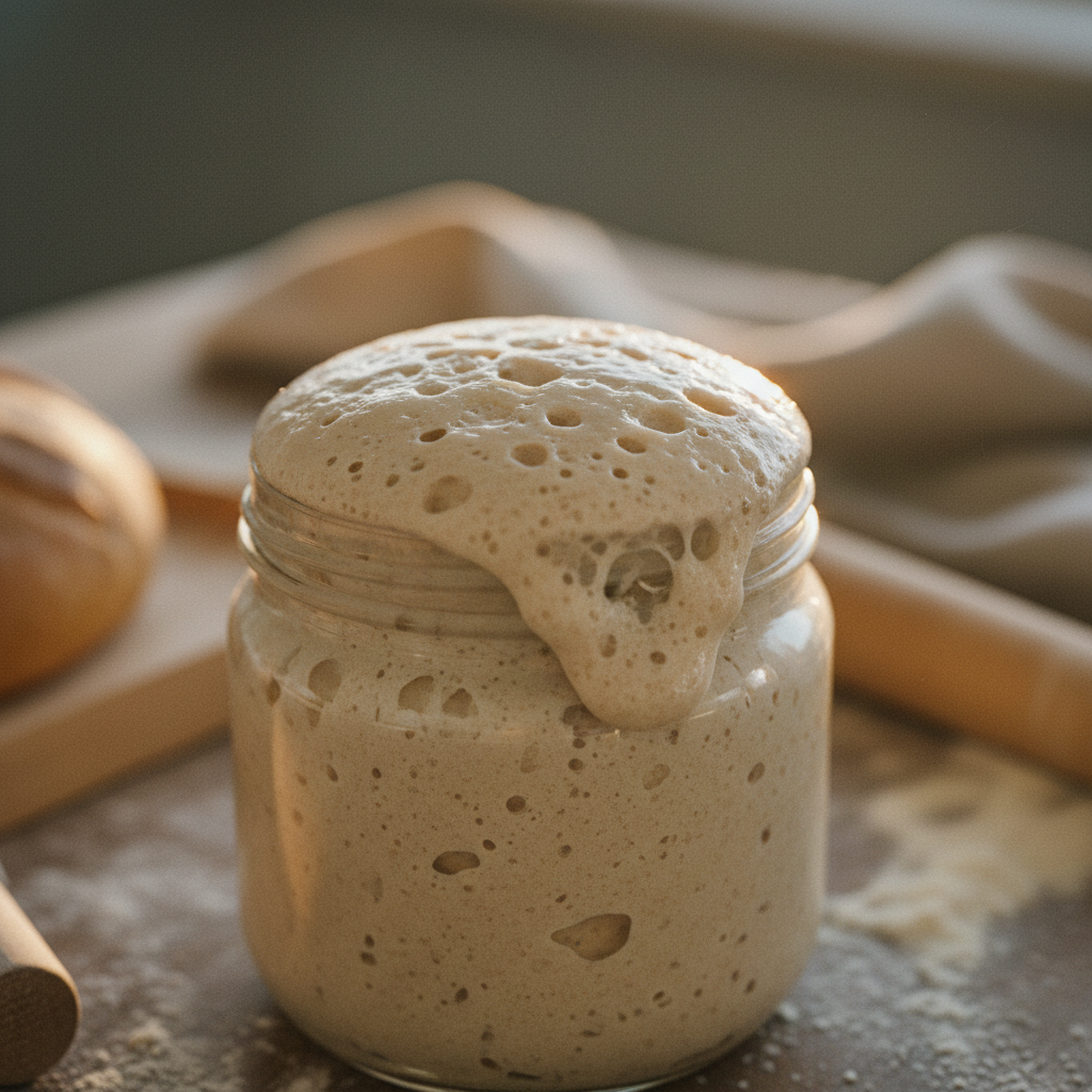 Active bubbly sourdough starter in a glass jar